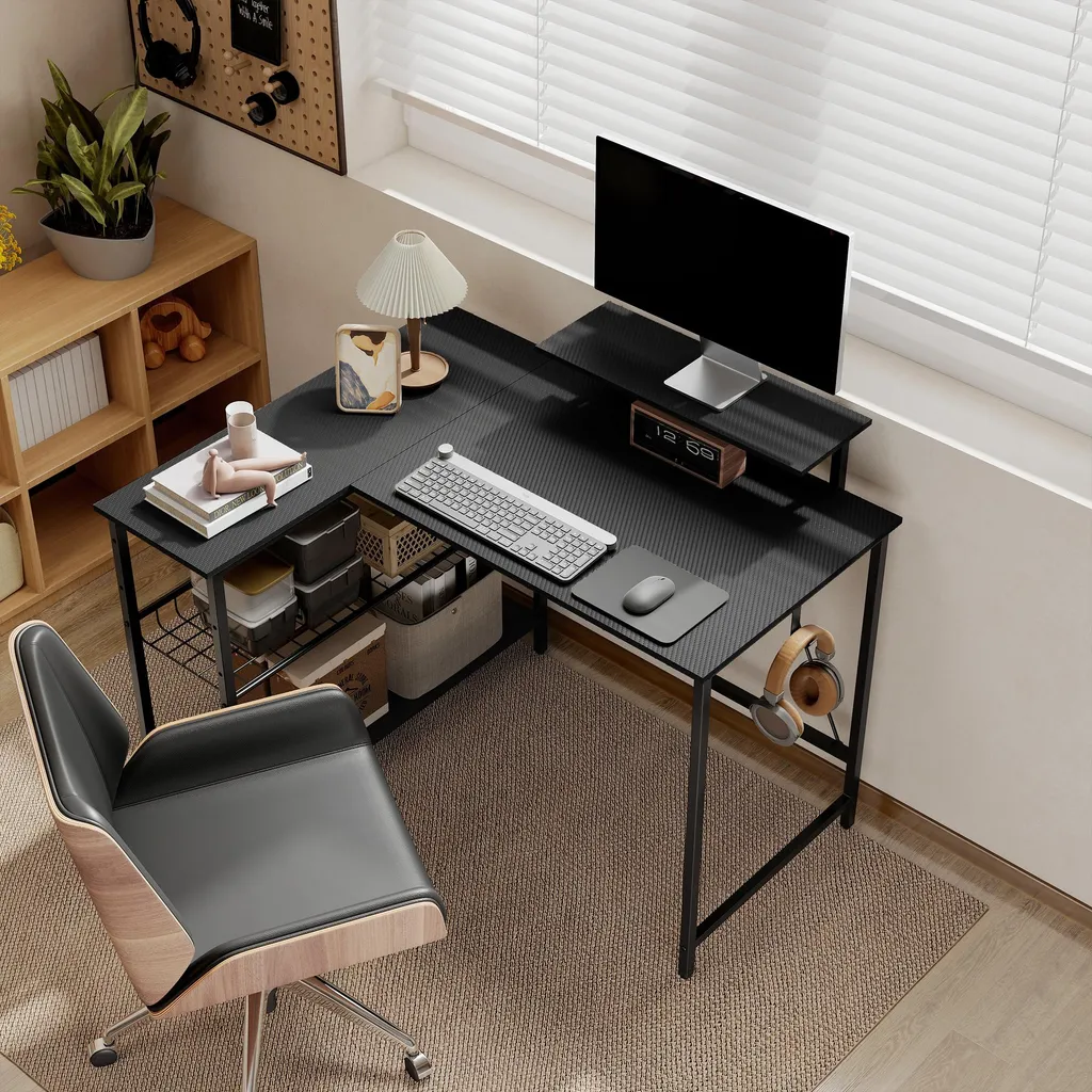 Bureau de jeu réversible avec support écran et étagère maille noir - 9