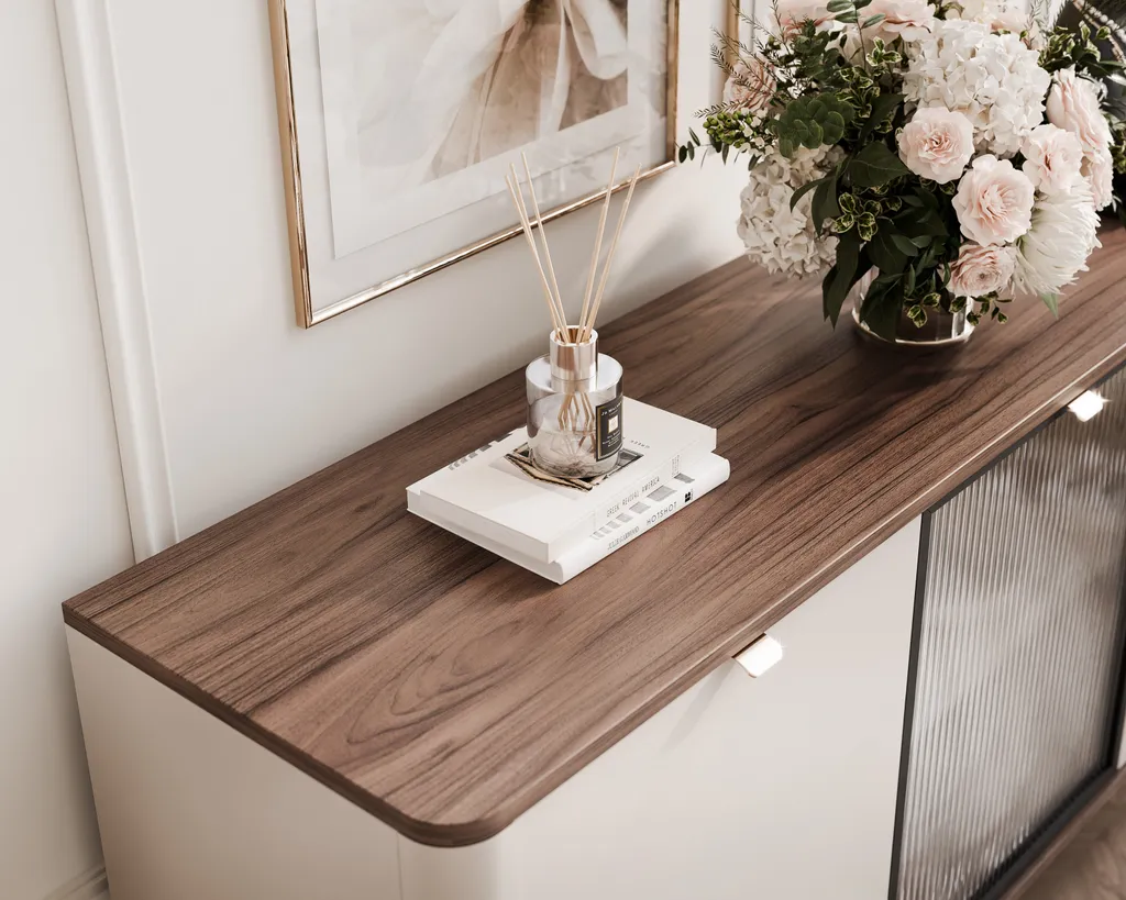 Meuble de rangement 160 cm NAVANI, bahut de salon chic effet strié
