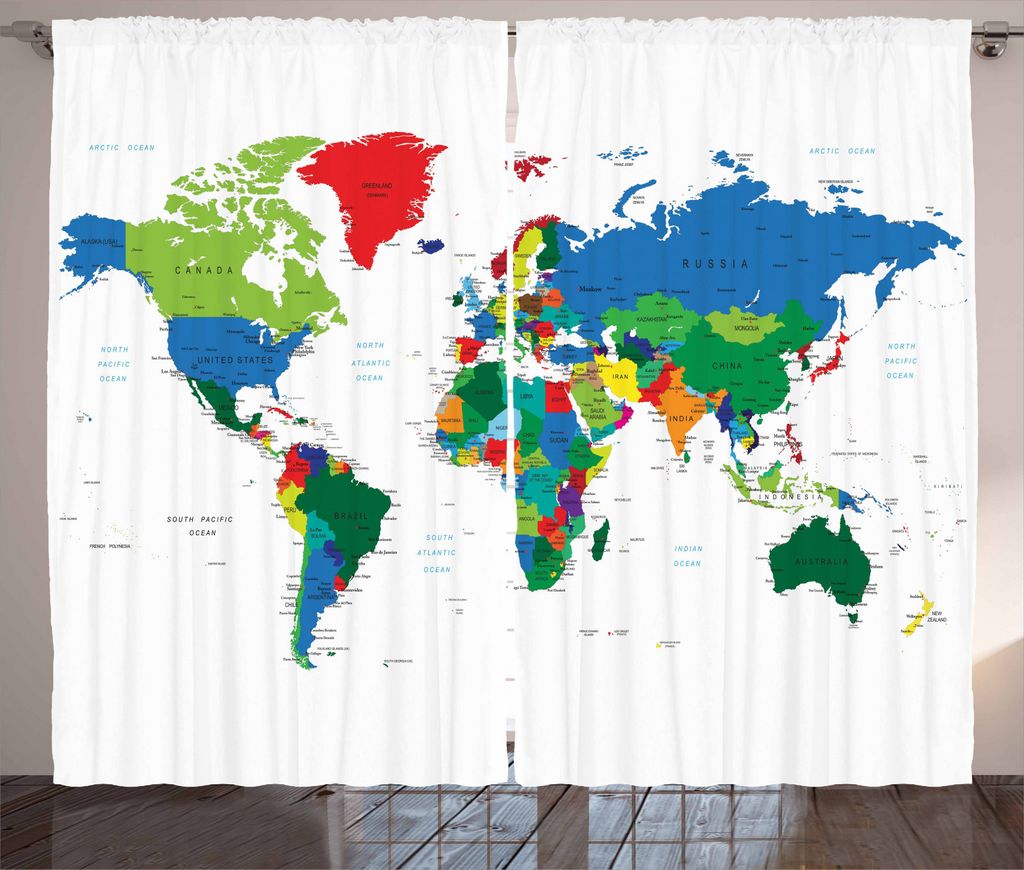 ABAKUHAUS Weltkarte Rustikaler Vorhang, Bunt Politisch, Wohnzimmer Universalband Gardinen mit Schlaufen und Haken, 280 x 245 cm, Mehrfarbig