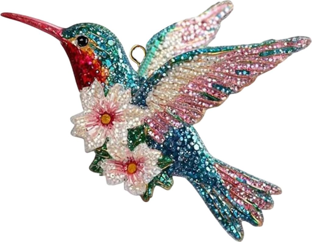 Kolibri-Weihnachtsbaumschmuck mit Glitzer-Strasssteinen, floraler Kolibri-Anhänger für den Weihnachtsbaum, 2D-Acryl-Erinnerungsstück, Geschenk f...