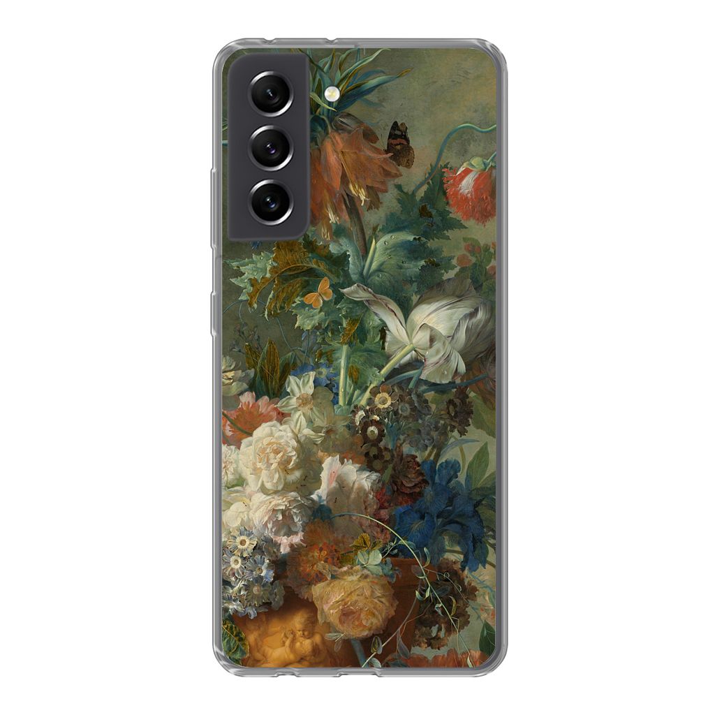MuchoWow Handyhülle Schutzhülle Hülle für Samsung Galaxy S21 FE Stilleben mit Blumen - Gemälde von Jan van Huysum Silikon Softcase Handy Hü...