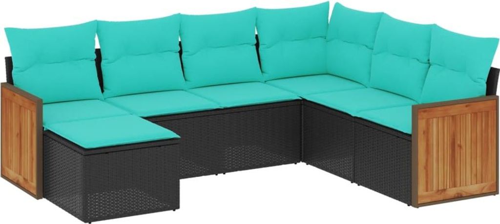 7-teiliges Gartensofa-Set mit Kissen, schwarzes Polyrattan