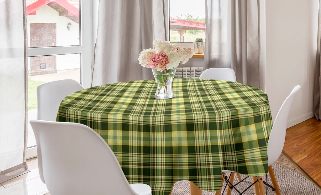 ABAKUHAUS Tovaglia rotonda verde oliva, trapunta scozzese, tovaglia circolare per sala da pranzo, decorazione per cucina, 150 cm, verde scuro, giallo, marrone