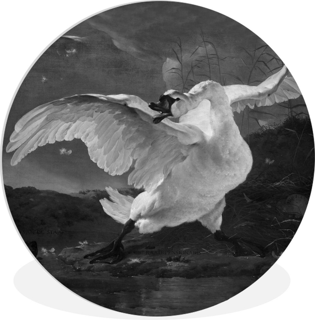 MuchoWow Rundes Wandbild - Runde Bilder Der gefährdete Schwan - Gemälde von Jan Asselijn - schwarz und weiß Ø 90 cm Kreis Wanddekoration Kuns...