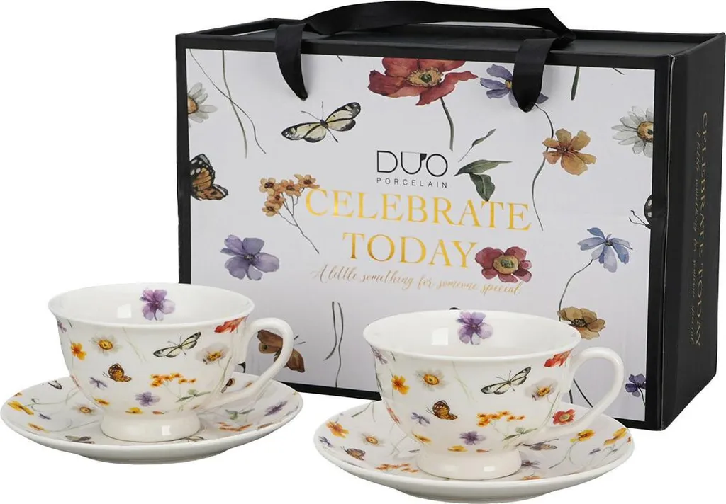 Set Regalo 2 Tazze DUO Porcellana a Fiori 250ml con Sottotazza