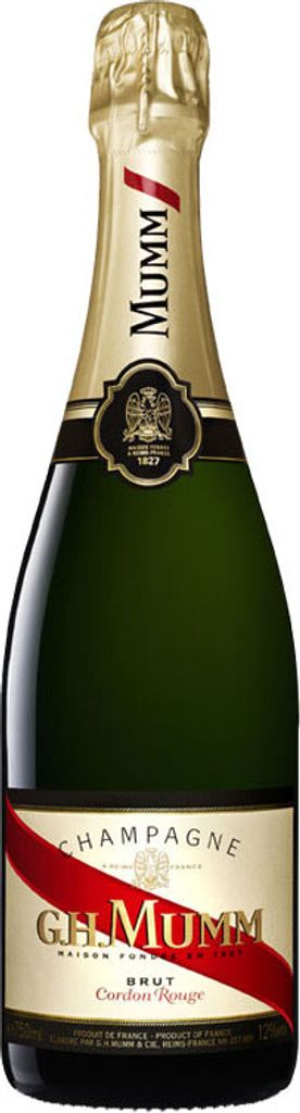A bottle of Mumm Cordon Rouge Champagne.