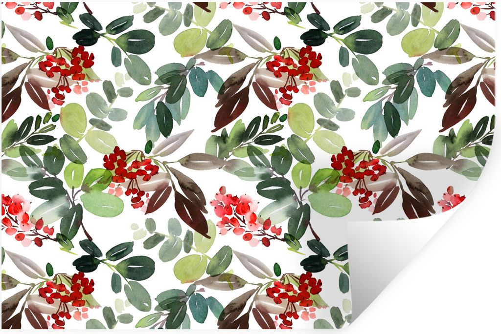 MuchoWow Wandtattoo Wandsticker Wandaufkleber Beeren - Weihnachten - Aquarell 90x60 cm Selbstklebend und Repositionierbar - Aufkleber