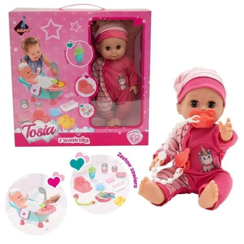Puppe Tosia mit Badewanne in rosa Kleidung – Askato