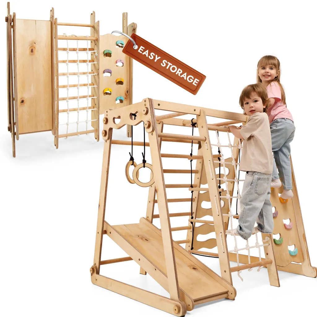 Structure d'escalade 9 en 1 bois naturel avec toboggan réglable et agrès