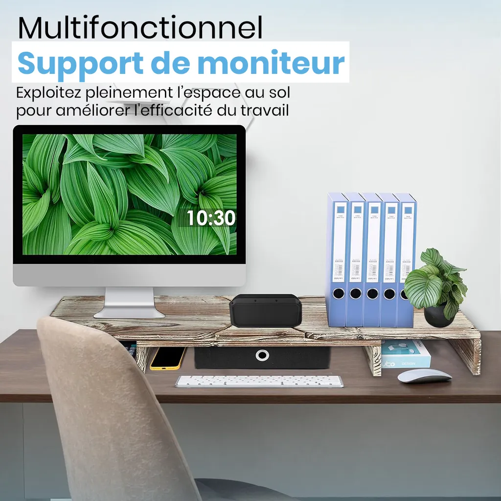 Support d'écran double en bois réglable : Solution ergonomique avec tiroir - 8