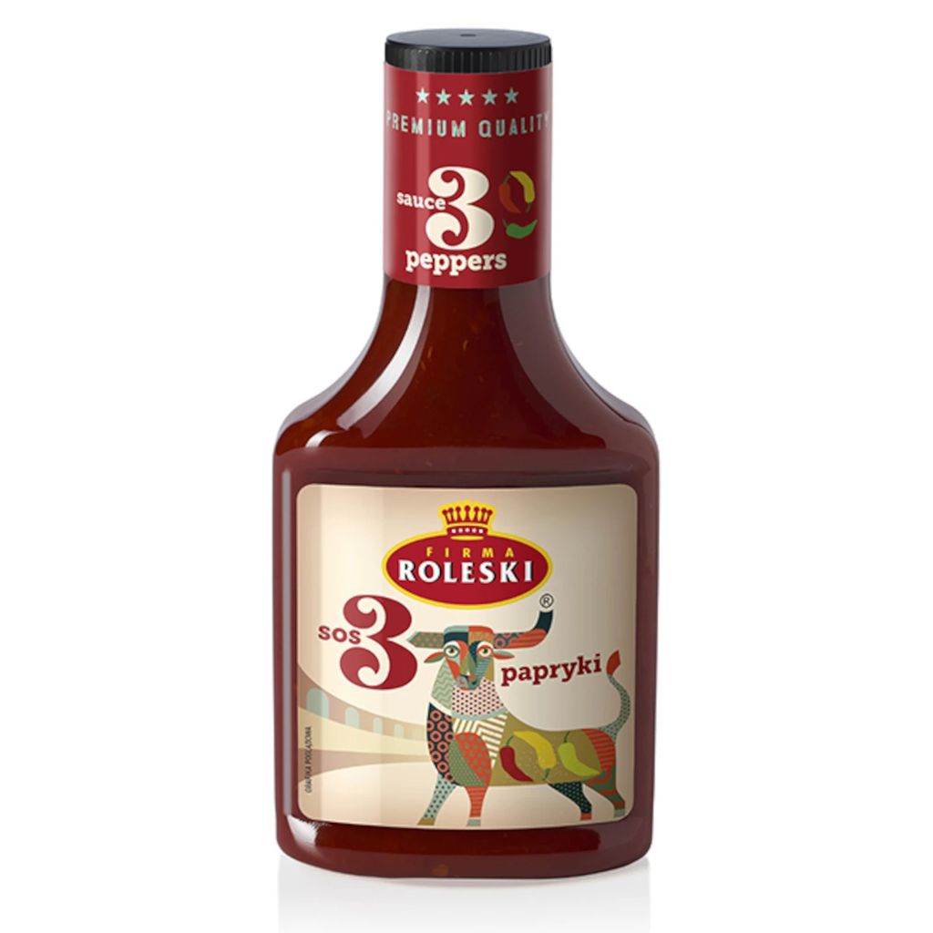 A bottle of paprika sauce against a white background.