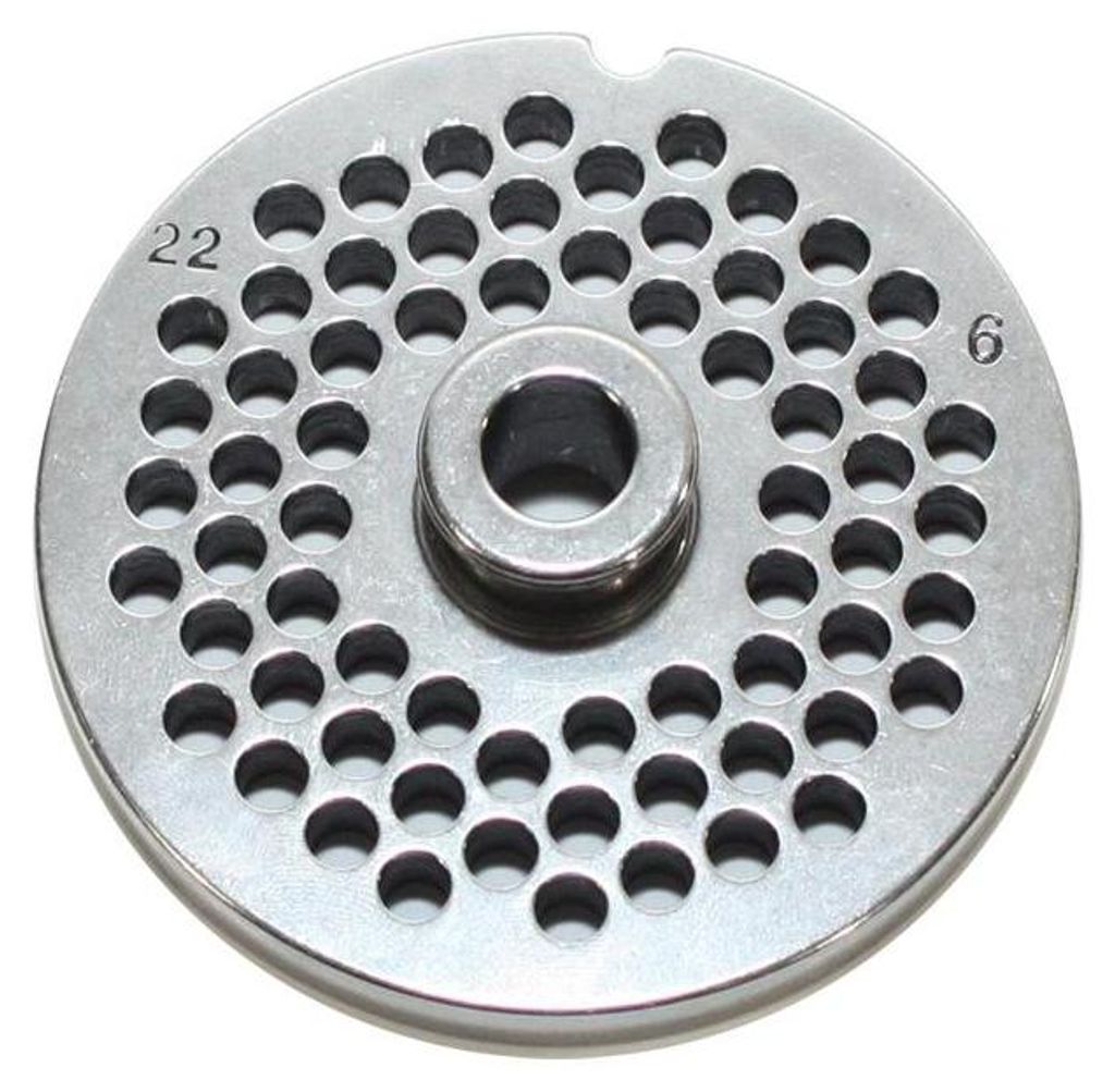 A close-up, top-down view of a metal grinder plate with many holes.
