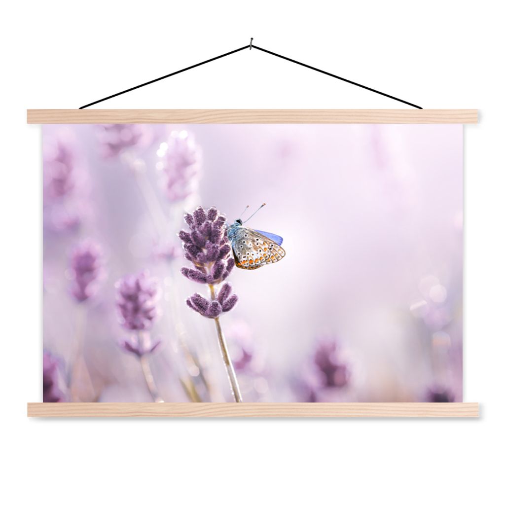 MuchoWow Textilposter Lavendel - Schmetterling - Nahaufnahme - Lila 120x80 cm mit holzfarbenen Rahmen - Aufhängeset