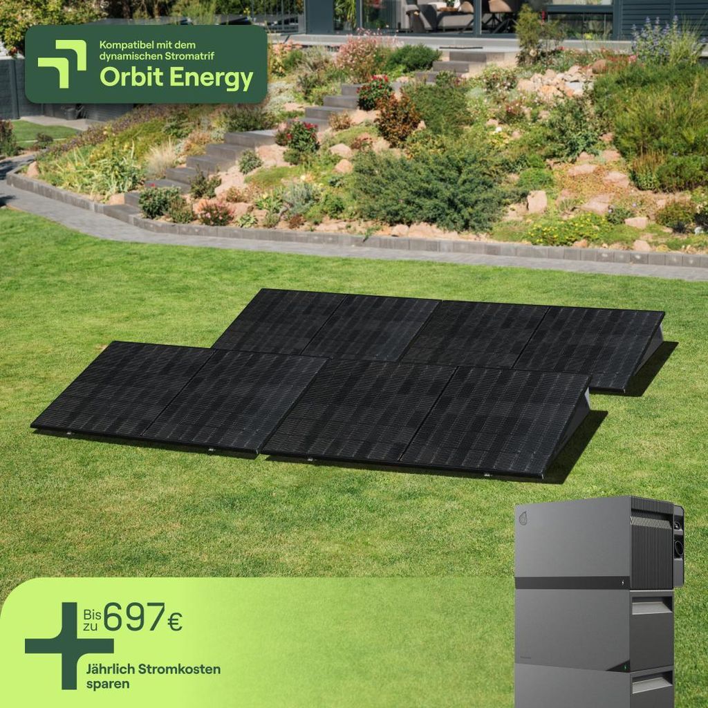 Balkonkraftwerk für Garten mit 4 Modulen & Speicher Avocado Orbit M (6,33 kWh) - 5m Anschlusskabel - priFlat Quattro
