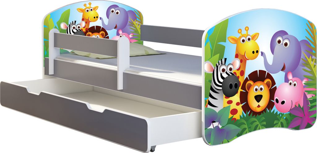 ACMA Jugendbett Kinderbett Junior-Bett Komplett-Set mit Matratze Lattenrost und Rausfallschutz Grau 01 Zoo 160x80 + Bettkasten