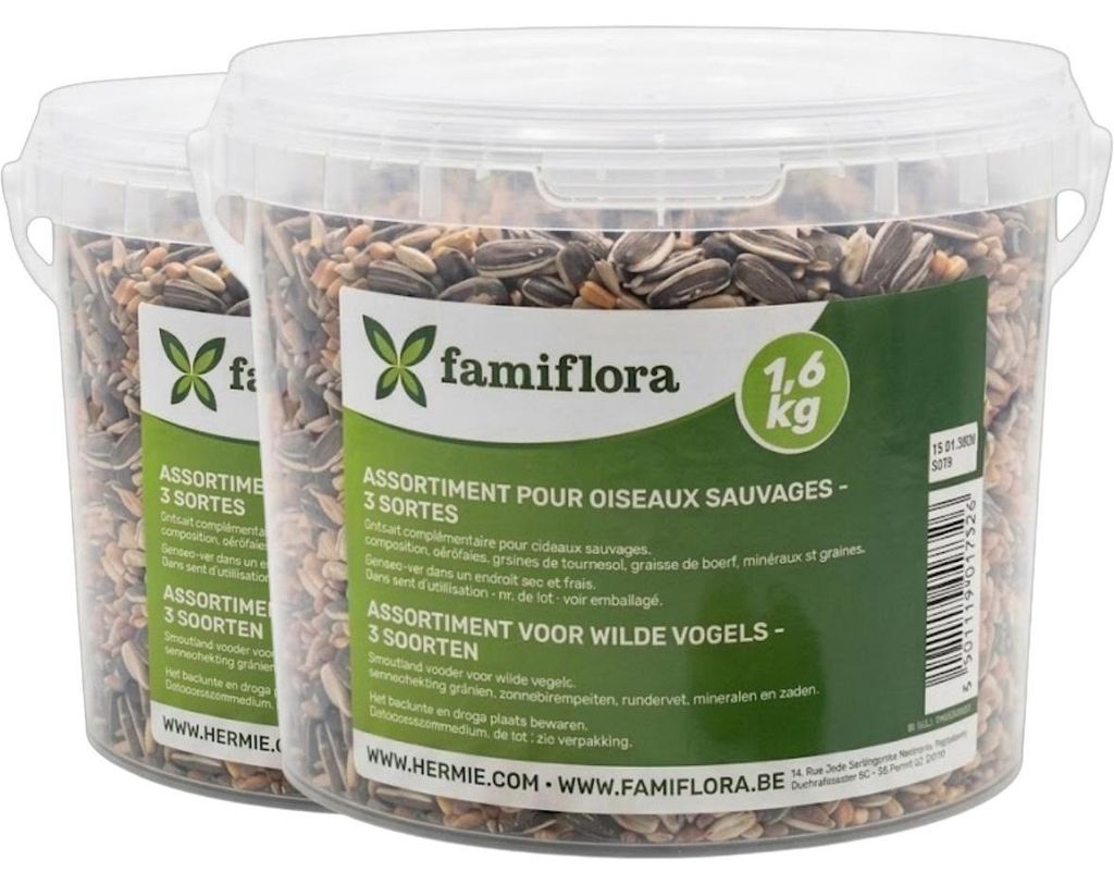 Famiflora Vogelfutter-Mixbox - 2 Eimer - 3 Sorten Vogelfutter - 3,2 KG (2 x 1,6KG) - Für Gartenvögel - 3 Sorten Futter - 1,6 kg Vorteilspackung -...