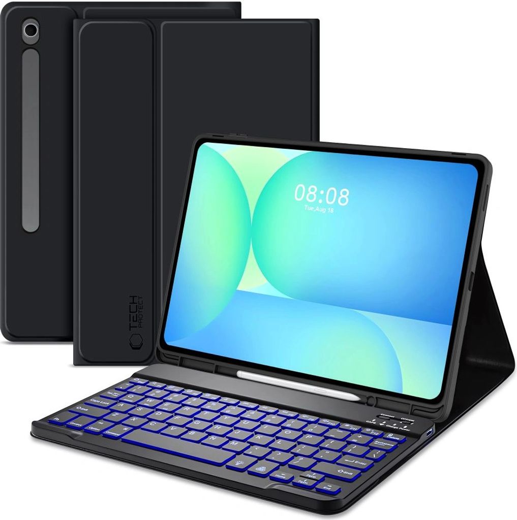 A tablet with a keyboard case and stylus, displayed on a white background.