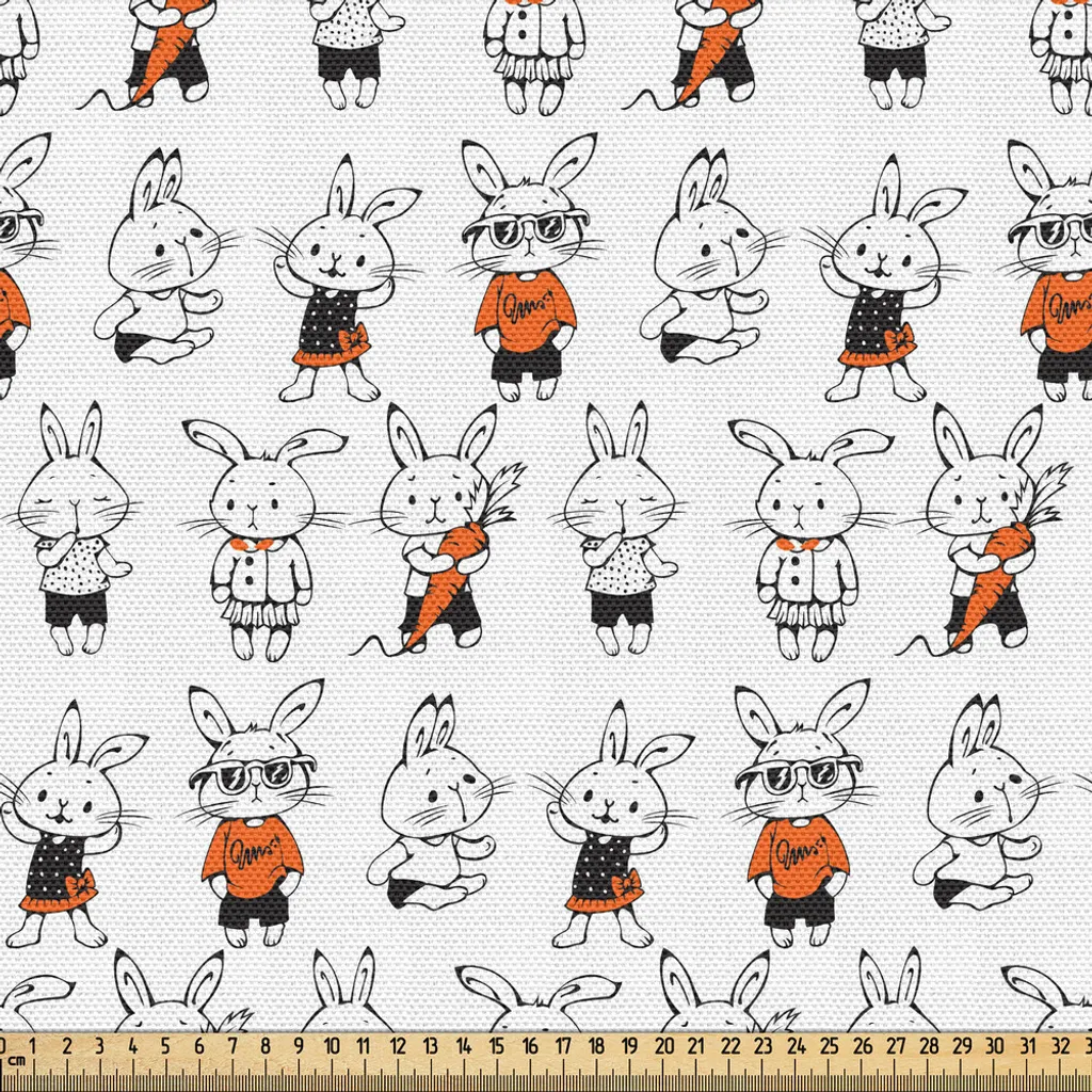 Tissu pour couture créative lapins rétro orange et blanc de 300cm