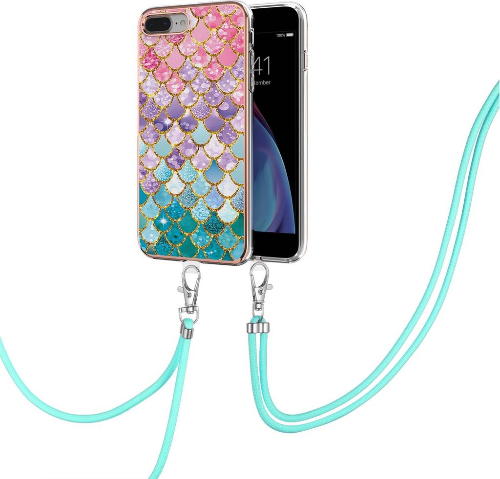 Handykette Hülle für iPhone 8 Plus/7 Plus Muster TPU Schutzhülle mit verstellbarem Tragegurt Bunt