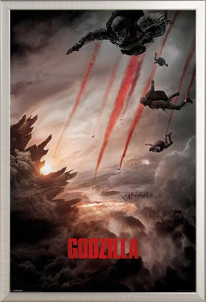 Cadre alu argenté Shinsuke® avec affiche Godzilla Skydivers et vitre acrylique