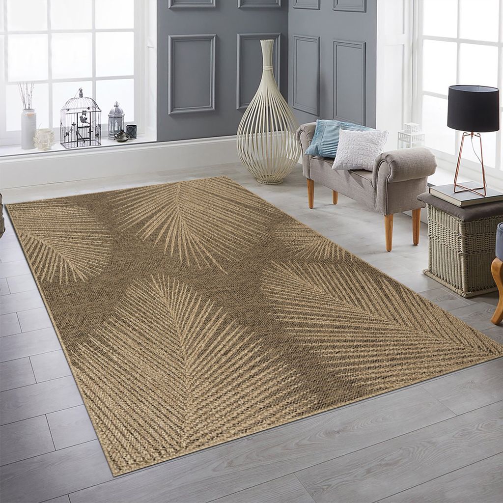 Hochwertiger In- und Outdoorteppich wetterfest im Blättermuster in Beige Braun Größe - 200 x 290 cm