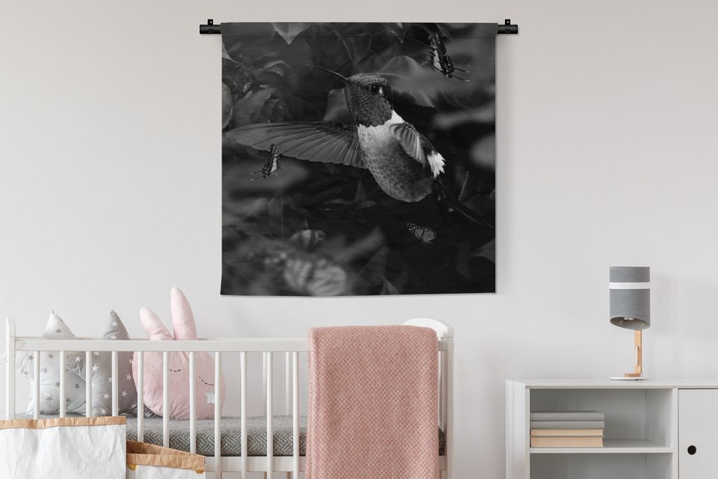 MuchoWow Wandteppich Wandbehang Goldener Kolibri umgeben von Schmetterlingen - schwarz und weiß 90x90 cm Tapisserie Dekoration Wandtuch - Wandau...