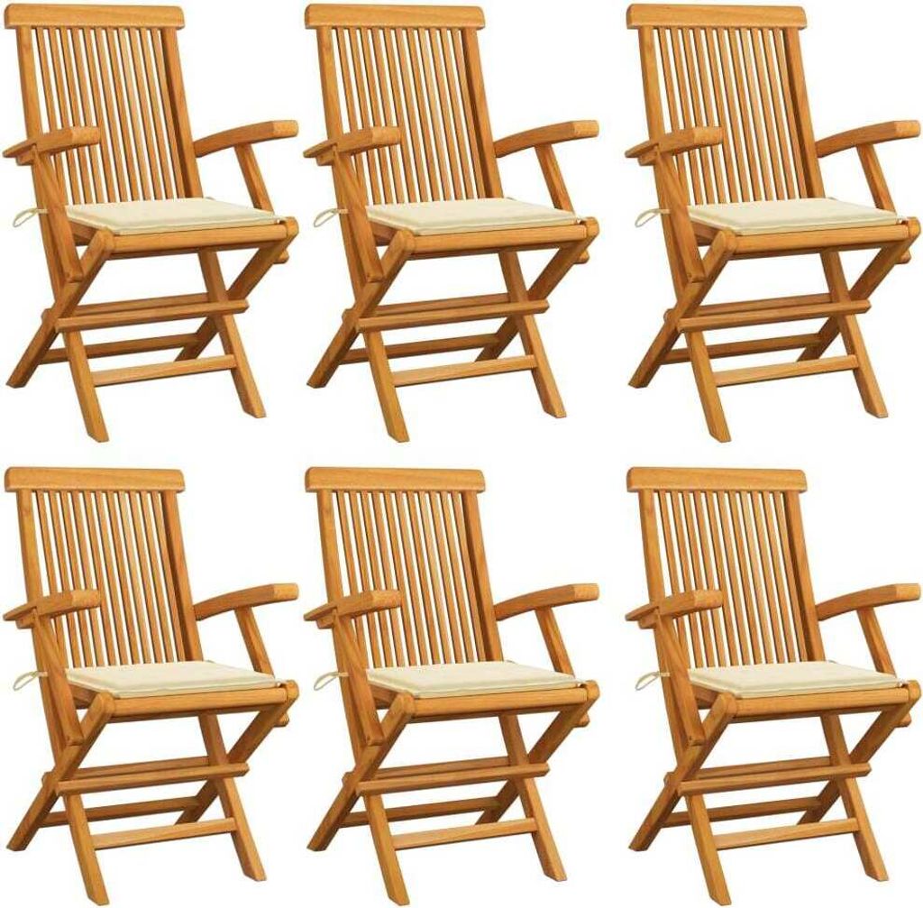 Gartenstühle mit Creme Kissen 6 Stk. Massivholz Teak