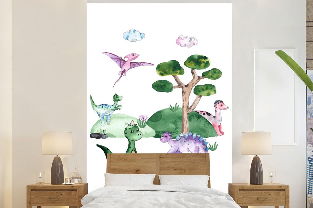 MuchoWow Fototapete für Wohnzimmer oder Schlafzimmer Wandtapete Vinyl Motivtapete Kinderzimmer - Dinosaurier - Weiß - Jungen - Mädchen - Kinde...