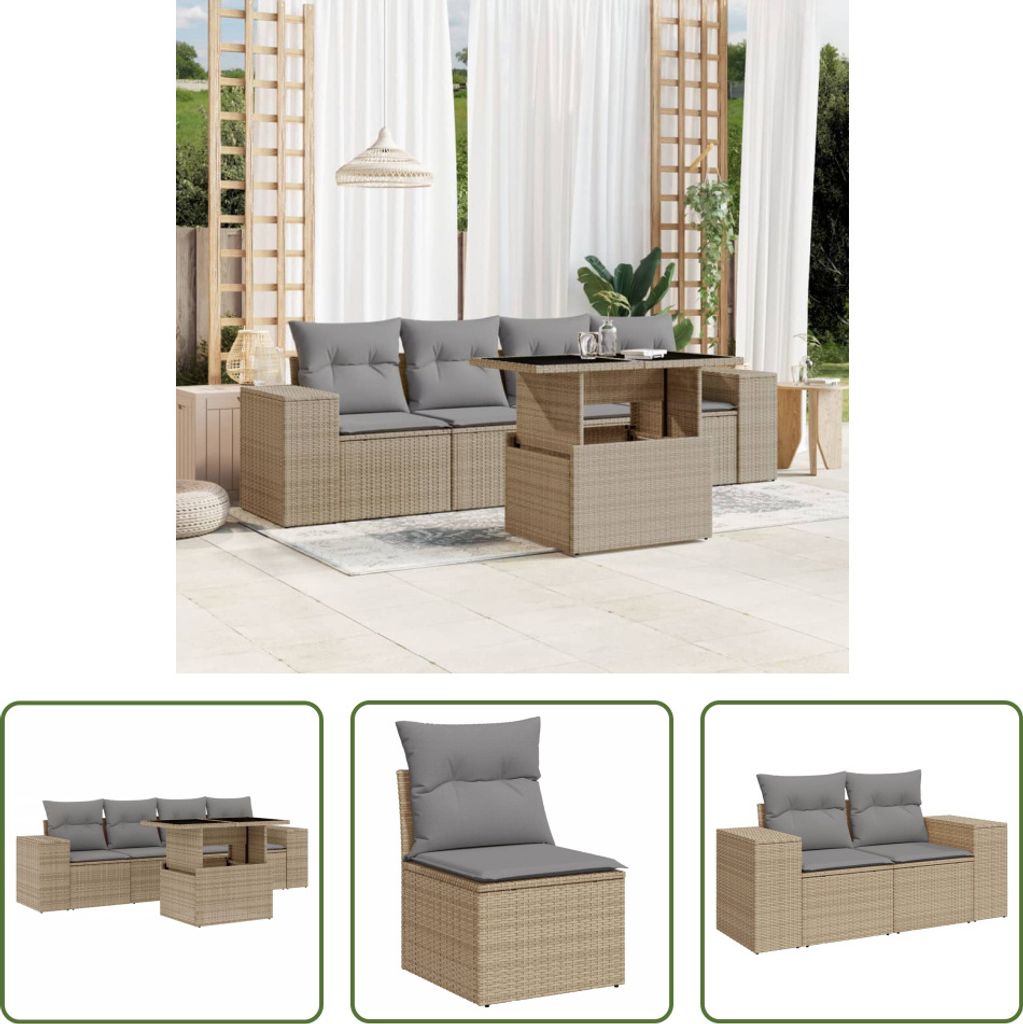 The Living Store 5-tlg. Garten-Sofagarnitur mit Kissen Beige Poly Rattan