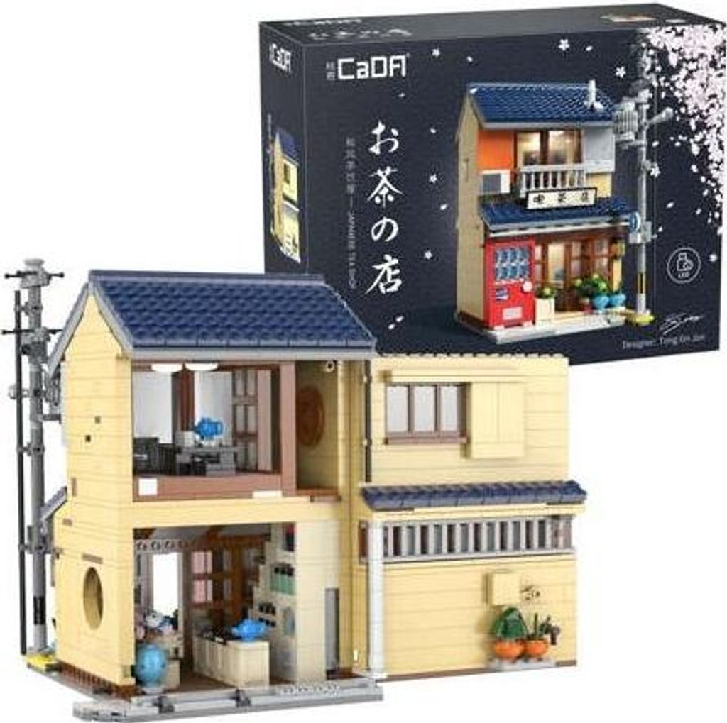 A building block model of a Japanese tea shop and its packaging.