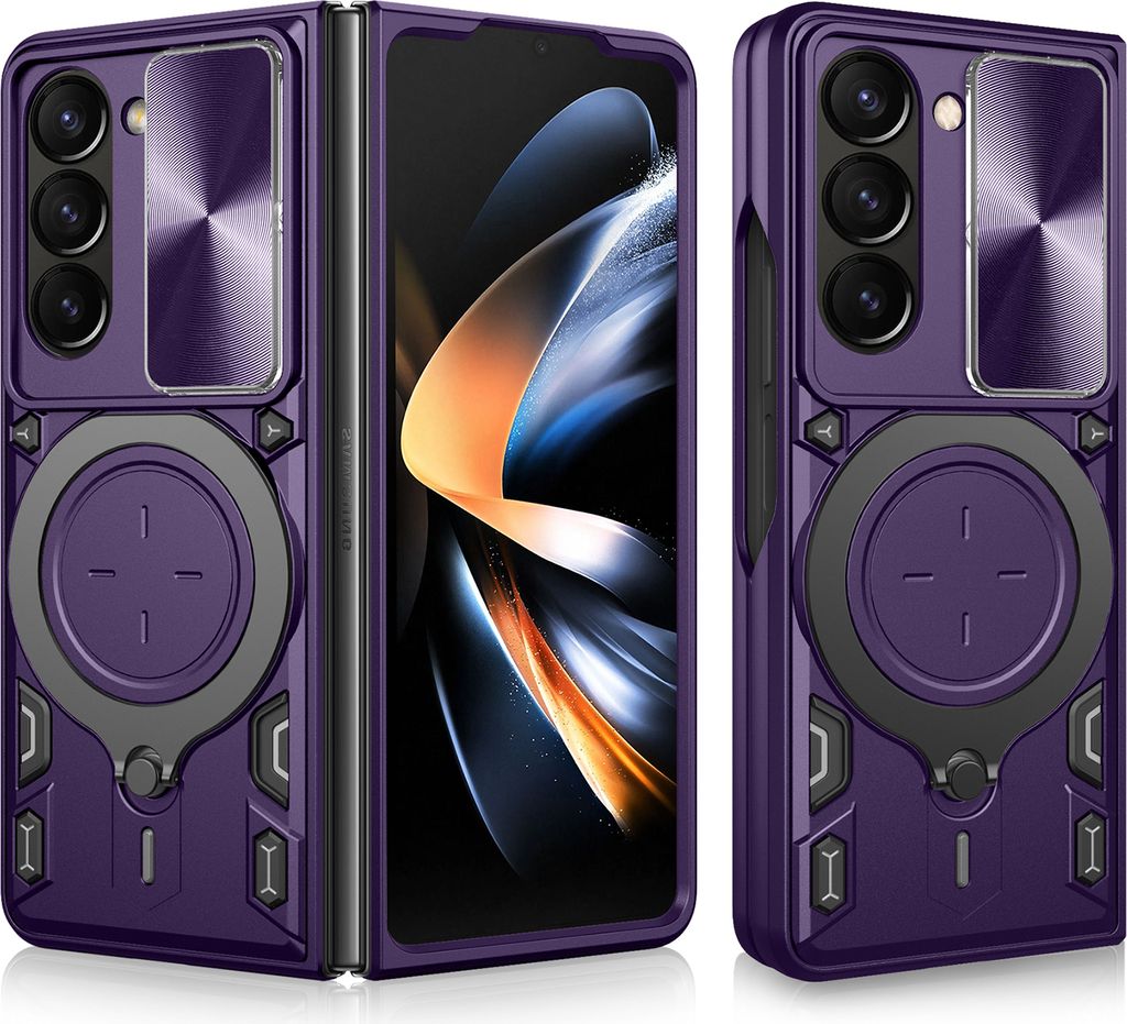 Handyhülle für Samsung Galaxy Z Fold 6 Dual-Layer Stoßfest Rüstung Hülle mit Dia Kameraschutz und Kreisförmig Ring Ständer Lila