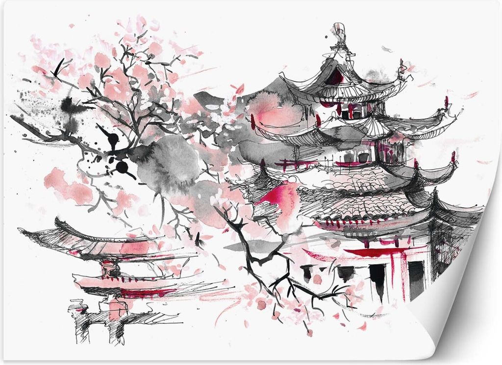 Vlies fototapete Japanische Pagode 250x175 cm Feeby Grau inkl. Kleber einfache Montage