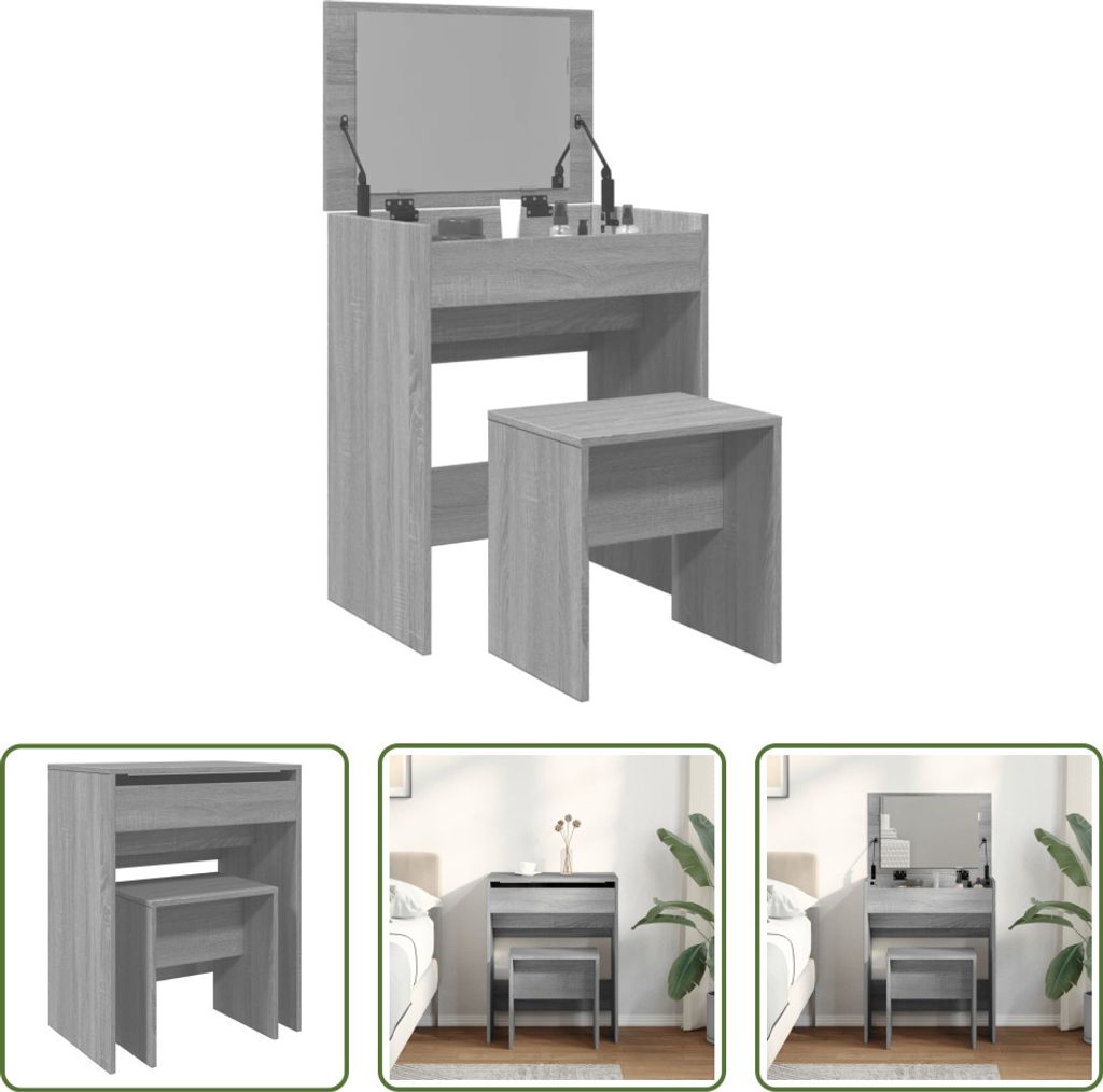 The Living Store Schminktisch mit Hocker Grau Sonoma 60x40x113,5 cm