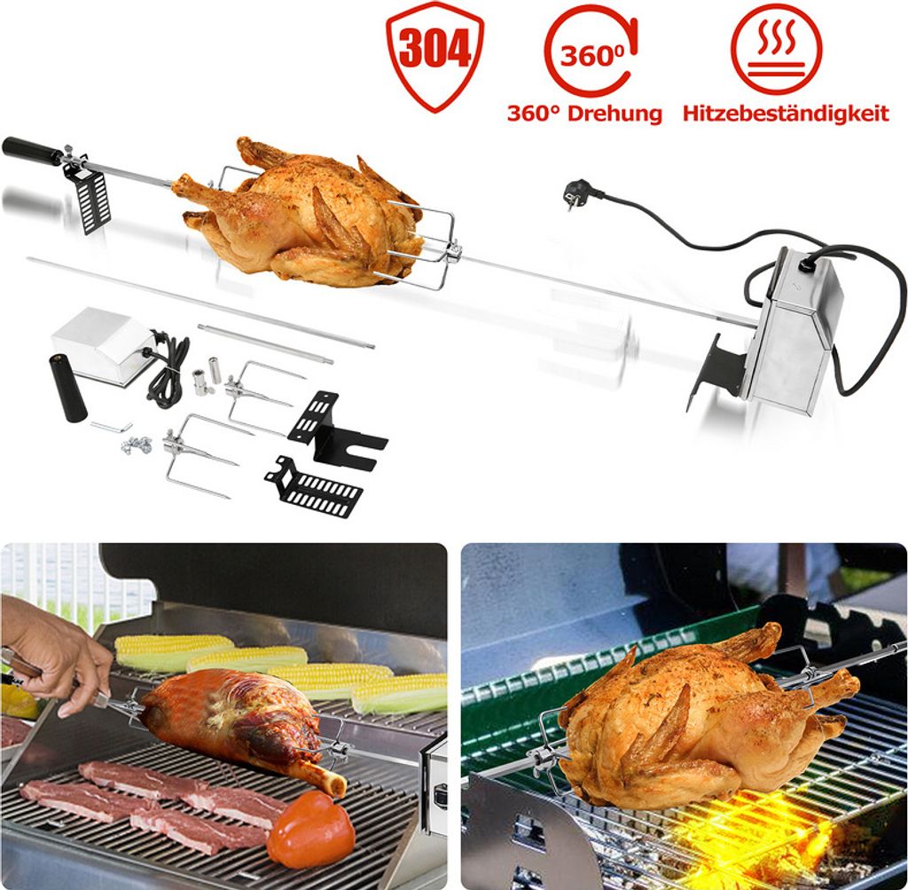 Jopassy Grillspieß Elektrischer, 107cm universal Edelstahl Drehspieß mit 2X Fleischnadeln, Motor, Grillspieß für BBQ Grill Gasgrill, Rotisserie...