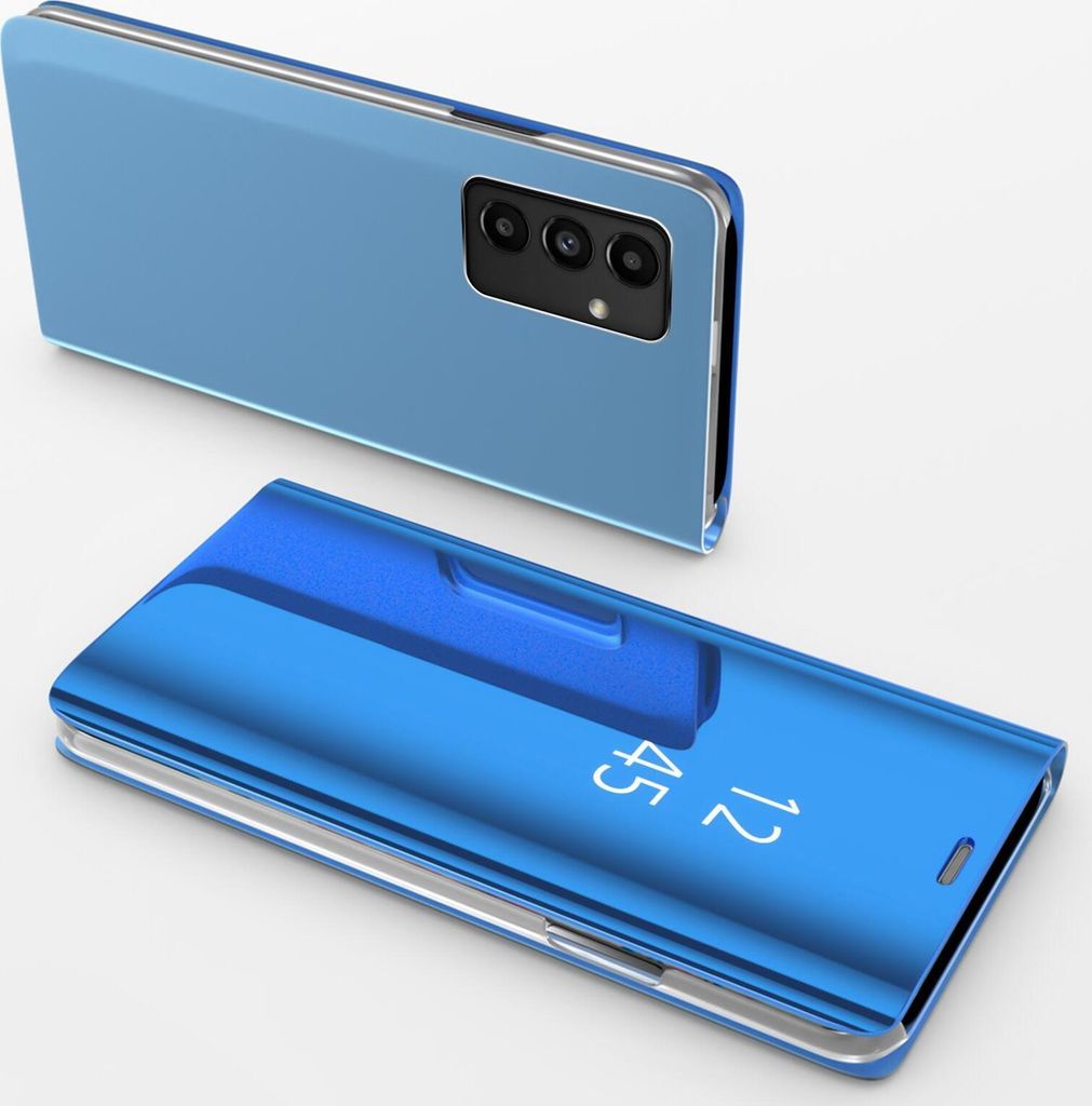 A blue smartphone with a clear view flip case is shown, with the phone itself in the background and the case in the foreground.