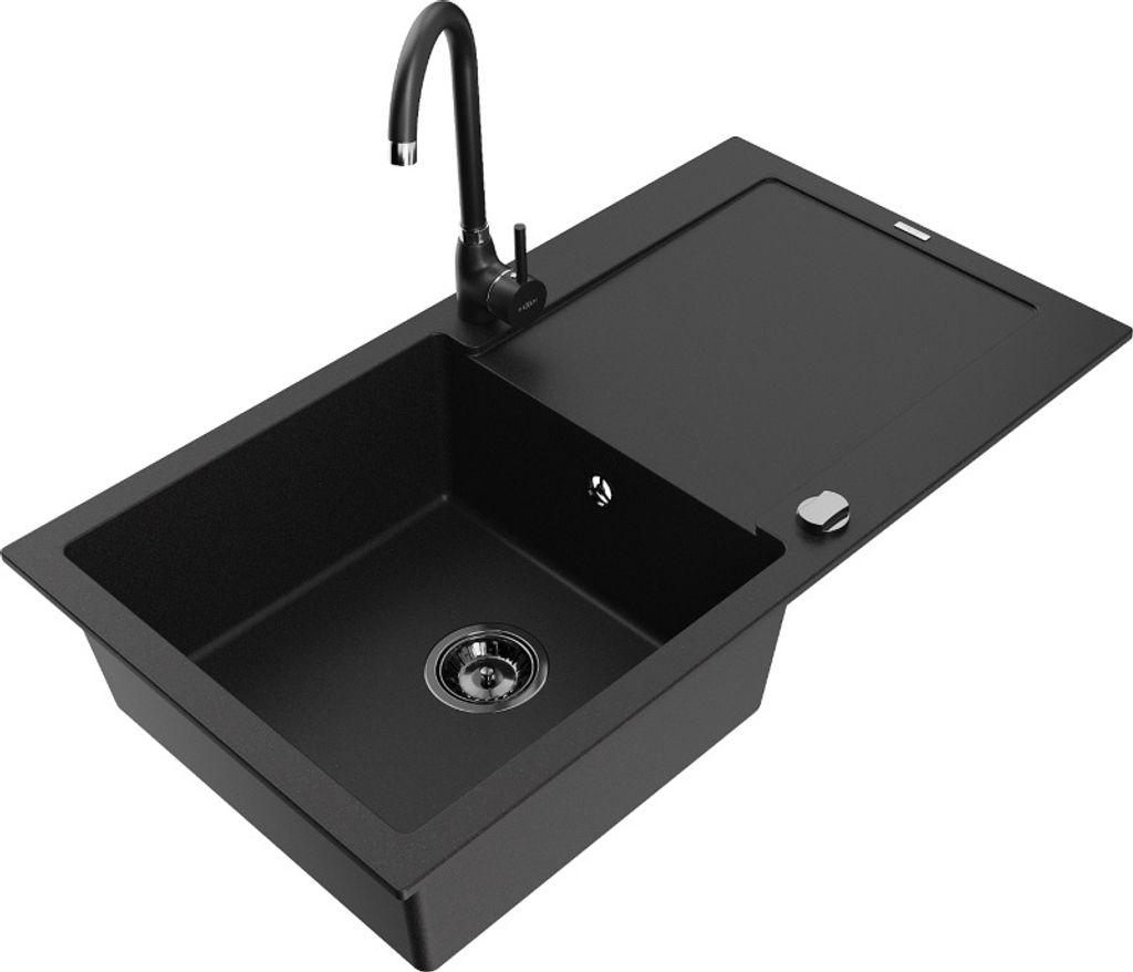 Mexen Leo 1 Becken-Granitspüle mit Abtropffläche und Mischbatterie Telma, Schwarz - 6501-77-670200-70-B