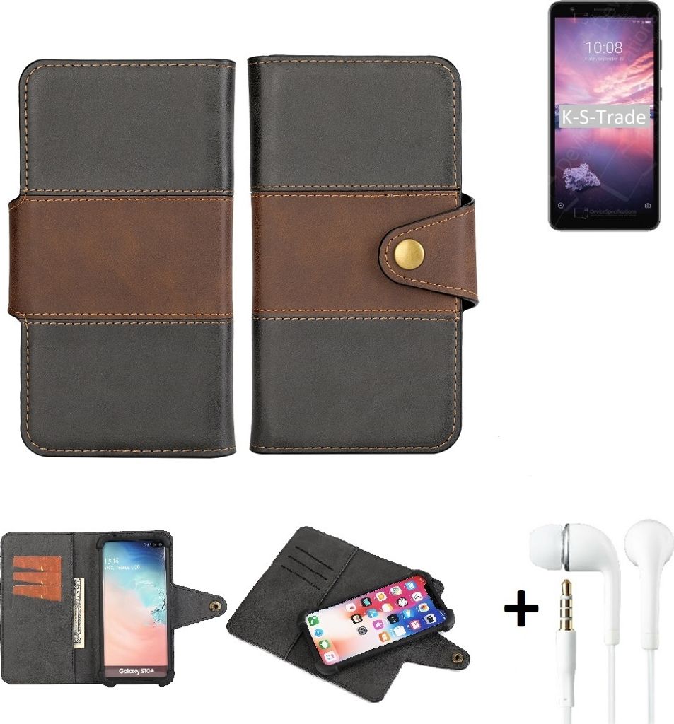 K-S-Trade Handyhülle Schutzhülle Bookstyle Wallet-Case kompatibel mit ZTE Blade A3 Joy + earphones Bumper rundumschutz schwarz-braun 1x