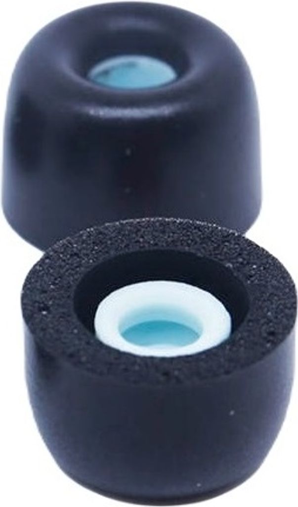 Two black earphone tips with light blue inner cores are shown against a white background. One tip is whole, and the other is cut in half to reveal its internal structure.