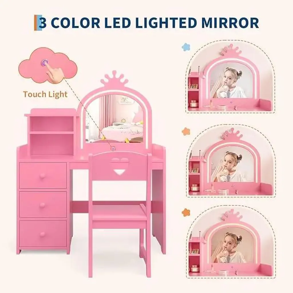 Coiffeuse pour enfants avec miroir éclairé et structure en métal rouge - 3