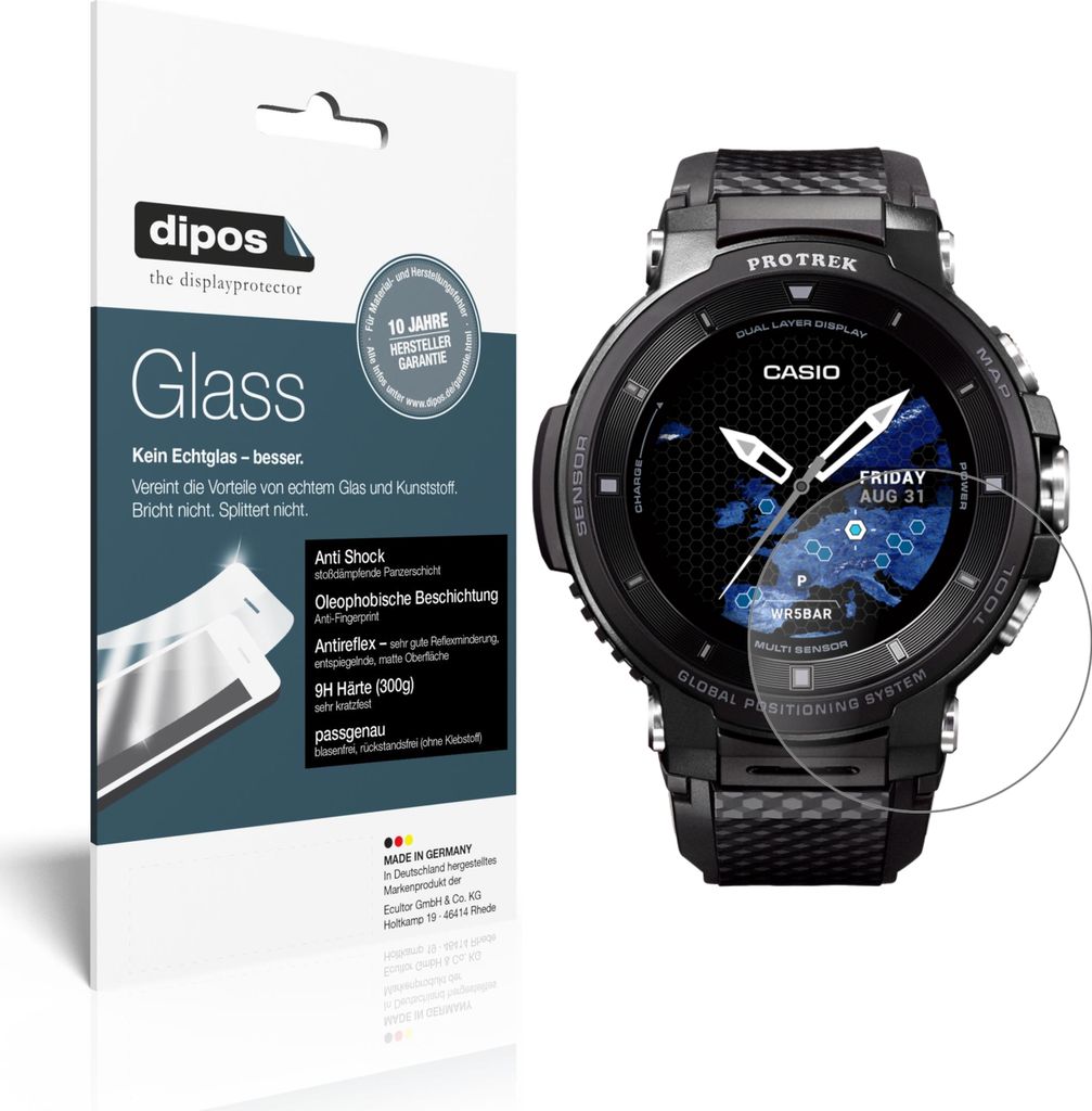 2x Schutzfolie für Casio Pro Trek smart WSD-F30 matt - Anti-Shock 9H Folie dipos Glass Kunststoffglas