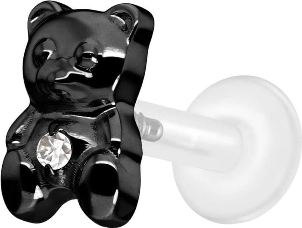 Ohrpiercing, Nasenpiercing PTFE Labret mit Innengewinde + Titan-Aufsatz TEDDYBÄR Schwarz Stablänge: 7mm | Stabstärke: 1,6mm