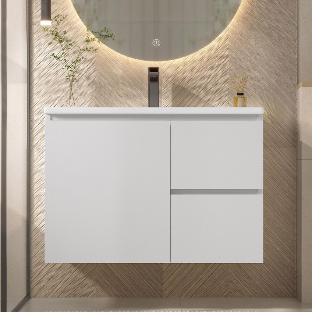 Merax Waschtischunterschrank mit LED-Radarsensor, 2 Schubladen, Tür mit Ablage, Wandhängend Badezimmerschrank, Keramik Waschbecken, 76x46x50cm, W...