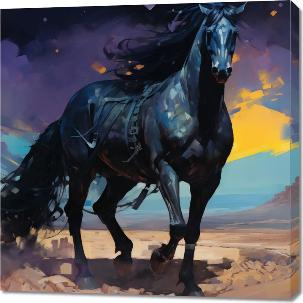 Tableau Cheval Noir Course Personnelle 90x90 cm - Décoration Murale Chic