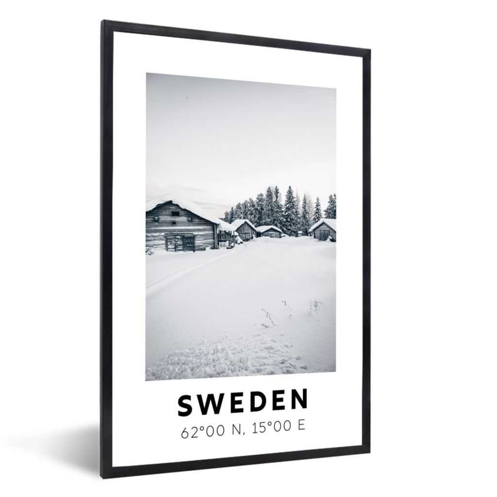 MuchoWow Gerahmtes Poster Schweden - Schnee - Skandinavien 60x90 cm - Poster mit Schwarzem Bilderrahmen Wandposter Rahmen Foto Bilder - Kunst