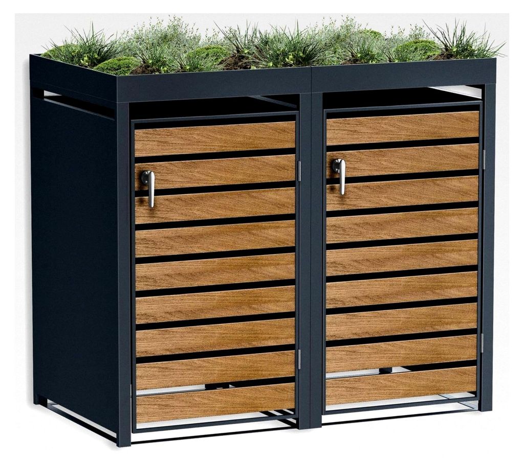 Mülltonnenbox für 2 Tonnen 240L in Anthrazit und Holzoptik mit Pflanzdach und Sichtstreifen, Mülltonnenverkleidung mit Automatikdeckel, aus pulv...