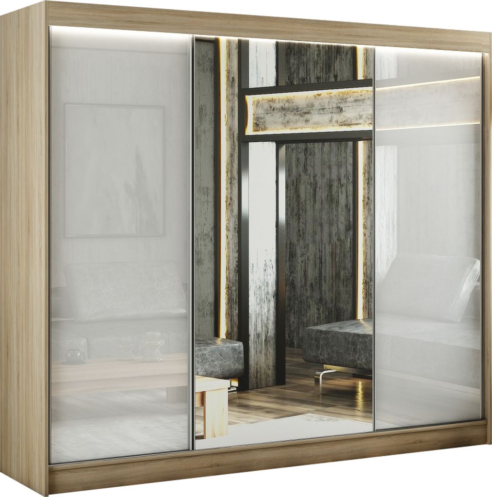 ALTDECOR Kleiderschrank mit Spiegel und Schiebetüren, kugelgelagerte Führungsschienen und Aluminium-Leisten, LED-Beleuchtung (16 Farben) und Fern...