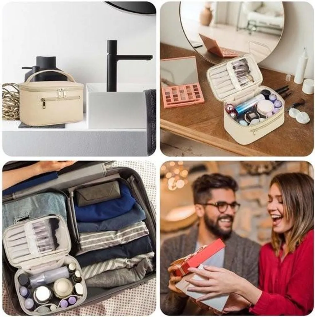 Trousse de toilette femme en cuir PU beige avec compartiment pinceaux