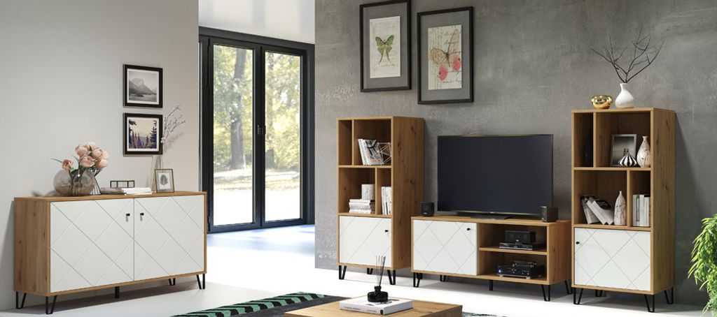 TV Schrank Set TORINO-19 in Artisan Eiche Nb. mit weiß matt, B/H/T: ca. 279/136/40 cm