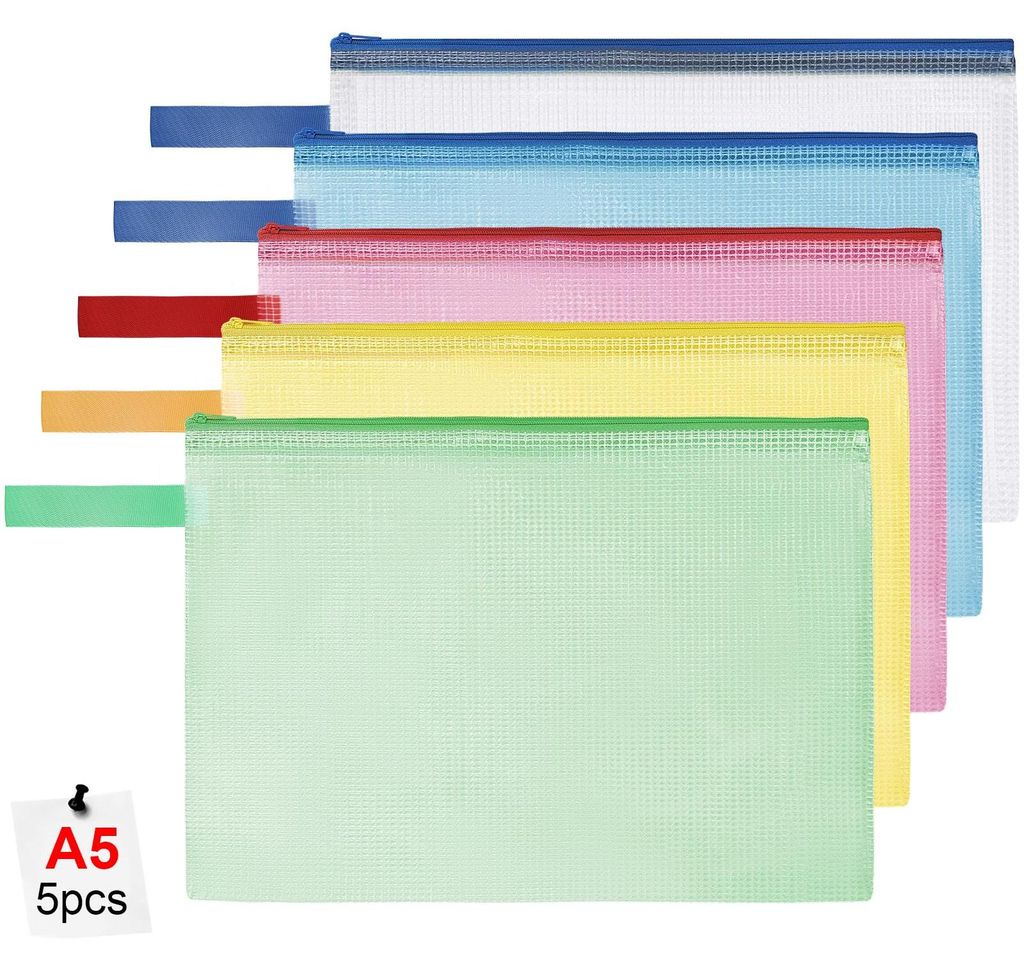 A5 Dokumentenmappe, 5-teilig, wasserdichtes Netzgewebe mit Reißverschluss und Tragegriff, verdickte PVC-Dokumententasche für Schule, Zuhause, Bü...