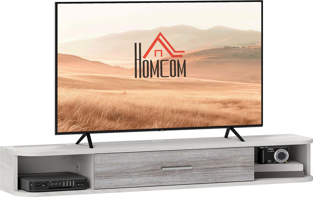 HOMCOM TV-Schrank zur Wandmontage mit 2 offenen Regalen und Flügeltürenschrank, TV-Ständer aus Holz, 120x26x16 cm, Weiß und Grau